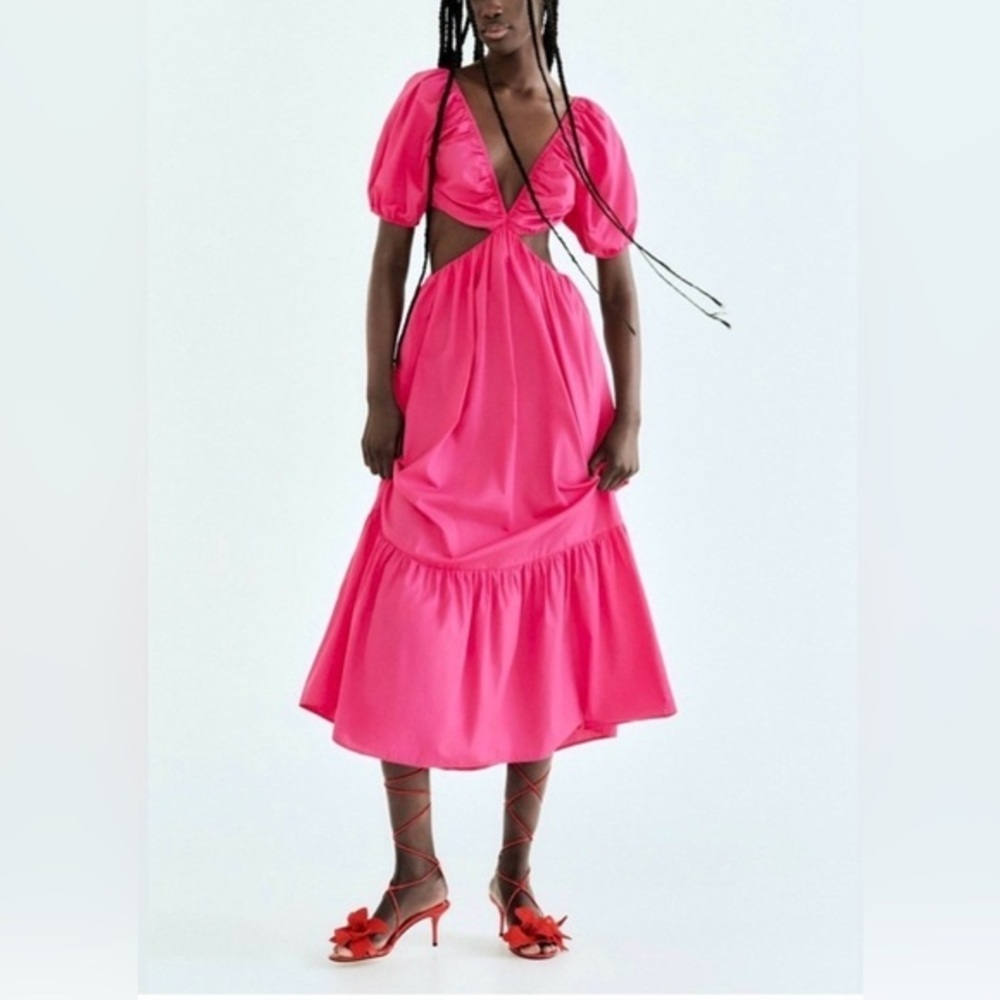 Zara Poplin Cut-Out Puff-Sleeve Midi Dress Fuchsia Size Small Pink Occasional